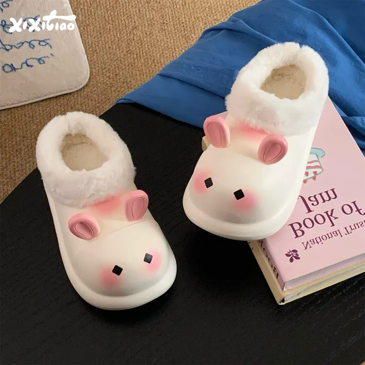 细细条 可爱小兔防水棉拖鞋女冬学生保暖室内外月子鞋懒人厨师鞋
