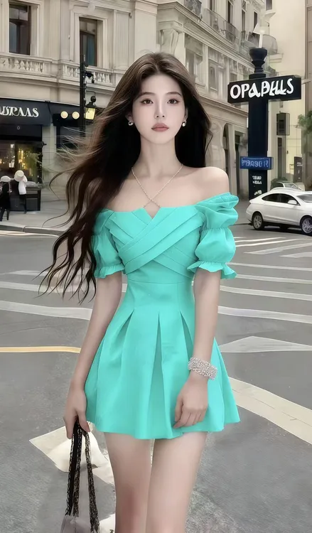 温柔纯欲千金风湖蓝色一字肩露肩收腰显瘦连衣裙时尚气质高端女装