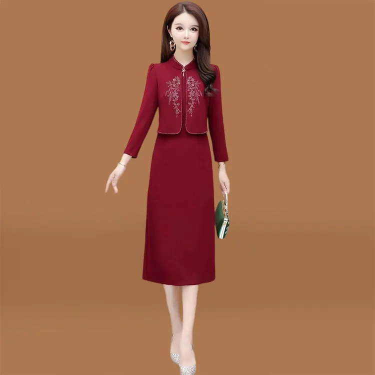 高端喜婆婆婚宴装礼服高档长袖连衣裙女秋款高贵洋气妈妈十一结婚
