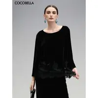 【fangfang】COCOBELLA静奢风丝绒上衣女蕾丝拼接优雅通勤T恤TS3038