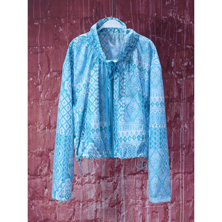 【韩哥女装】设计师高定欧货天空蓝印花花苞领防晒外套7598