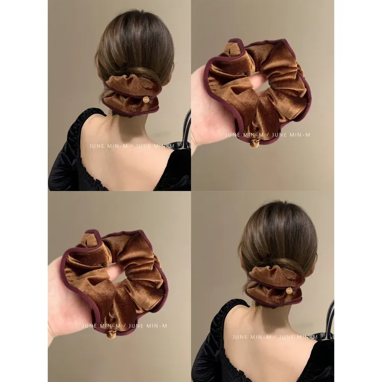 法式复古丝绒卷边大肠发圈气质大号头绳扎发马尾发绳金属挂标头花