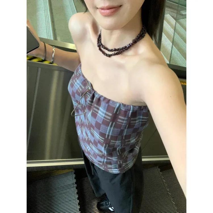 MARIE.COCO设计感韩版复古格纹抹胸抽绳上衣百搭直筒裙辣妹两件套