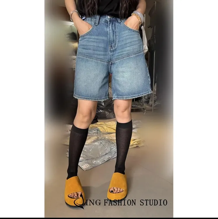 JING2025夏季新款10047宽松牛仔裤高腰女裤百搭时尚中裤休闲短裤