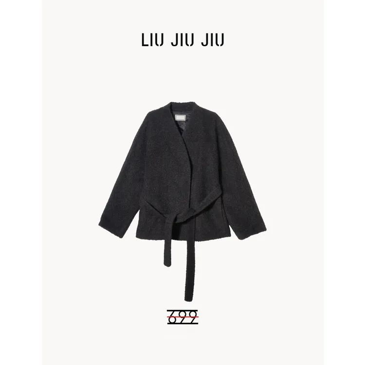 LIUJIUJIU 千金韩系轻奢极简设计感落肩V领绑带毛呢大衣WT5511L