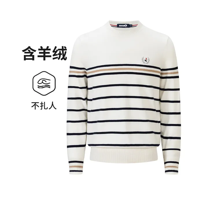 [含山羊绒]navigare意大利小帆船秋冬条纹针织衫男士保暖圆领毛衣