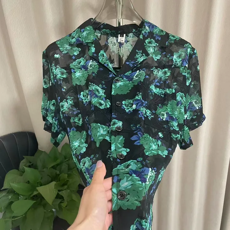 轻奢古巴领港风男士夏季短袖衬衫百搭绿色印花上衣休闲复古衬衣
