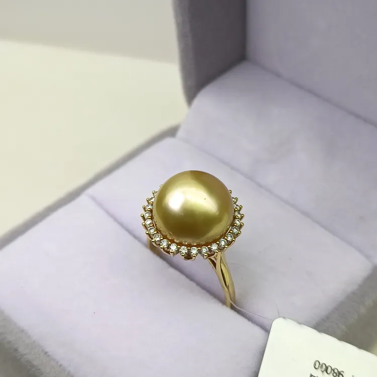 【瑞米珍珠】南洋金珠太阳花镶钻戒指12-13mm