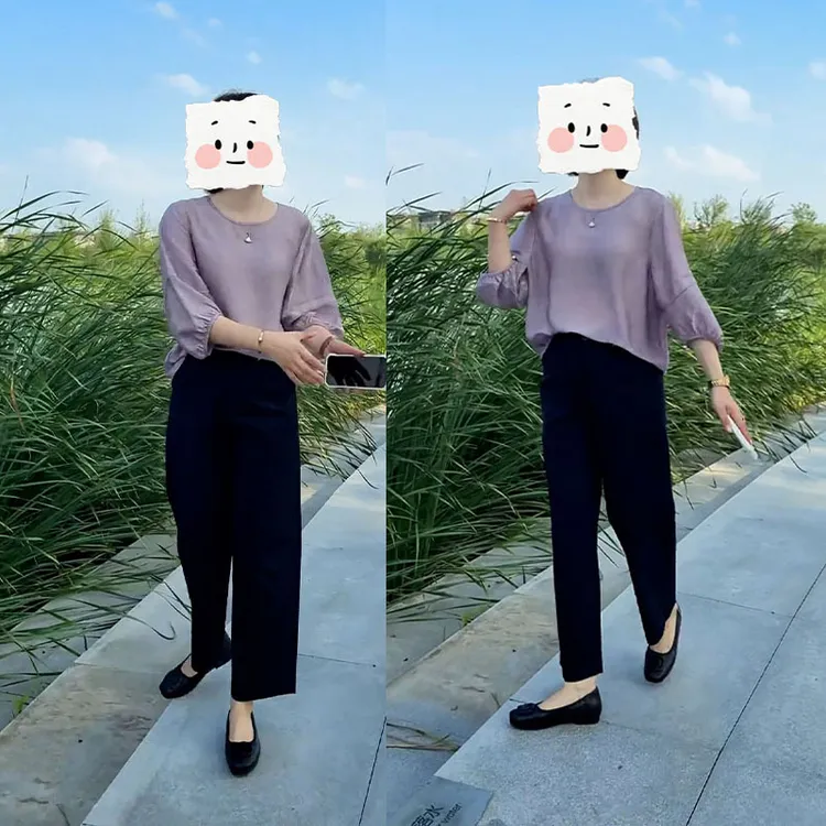 时尚夏季轻熟风百搭一整套圆领清爽凉快七分袖上衣休闲九分裤套装