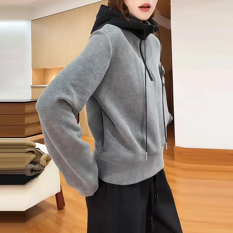 小众设计半拉链撞色连帽卫衣女2025冬季大码胖MM极简显瘦休闲上衣