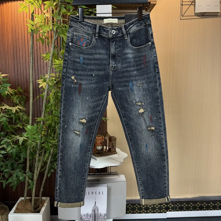 【修身小脚】2025潮流破洞泼漆男款牛仔裤水洗弹力修身小脚休闲长裤