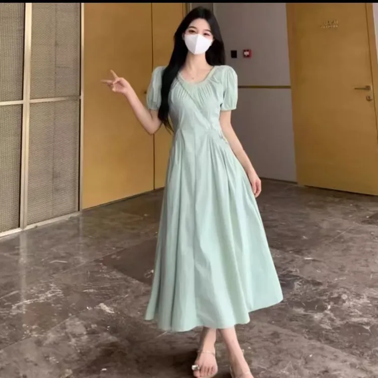 （方方专属）法式薄荷绿连衣裙夏季微胖mm显瘦收腰泡泡袖v领裙1547