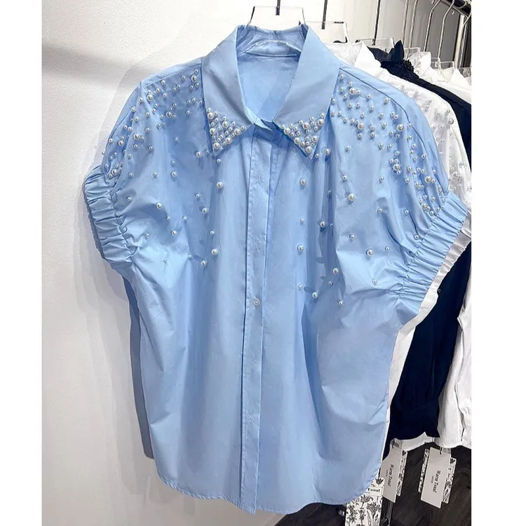 2025年夏季新款法式气质单排扣短袖衬衫女洋气泡泡袖重工钉珠上衣