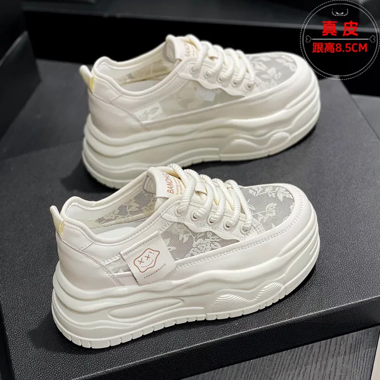 万达撤柜头层牛皮内增高小白鞋女2025春新款小个子厚底松糕鞋夏季