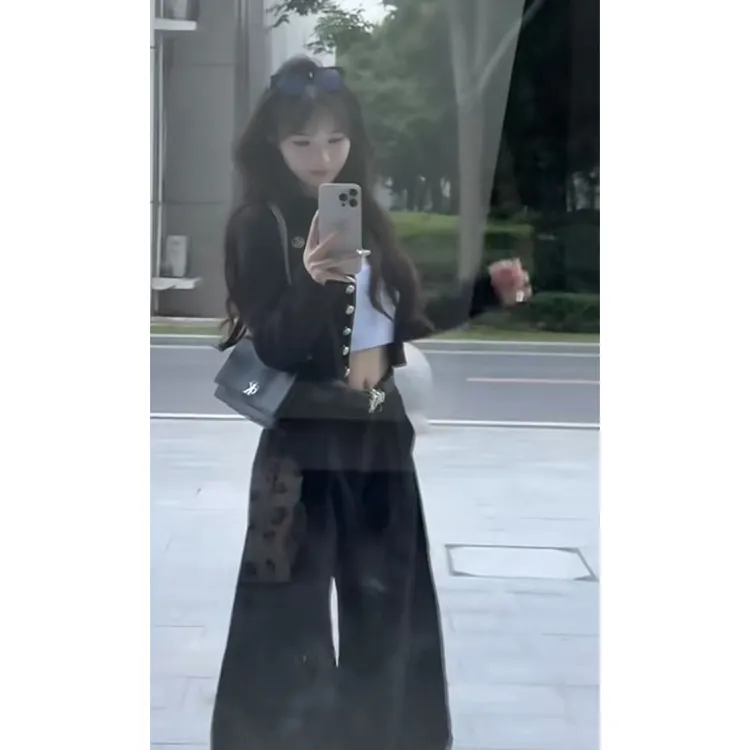 时尚套装秋冬新款设计感小众洋气长袖开衫外套高腰直筒阔腿裤长裤