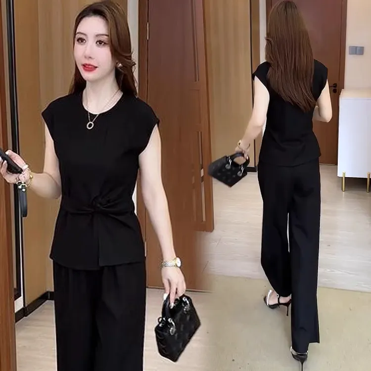 轻熟风静奢风气质收腰时尚套装无袖上衣女装直筒裤子夏装薄款