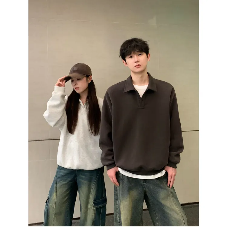 重磅套头卫衣男女秋季新款翻领POLO衫美式纯色潮牌休闲宽松