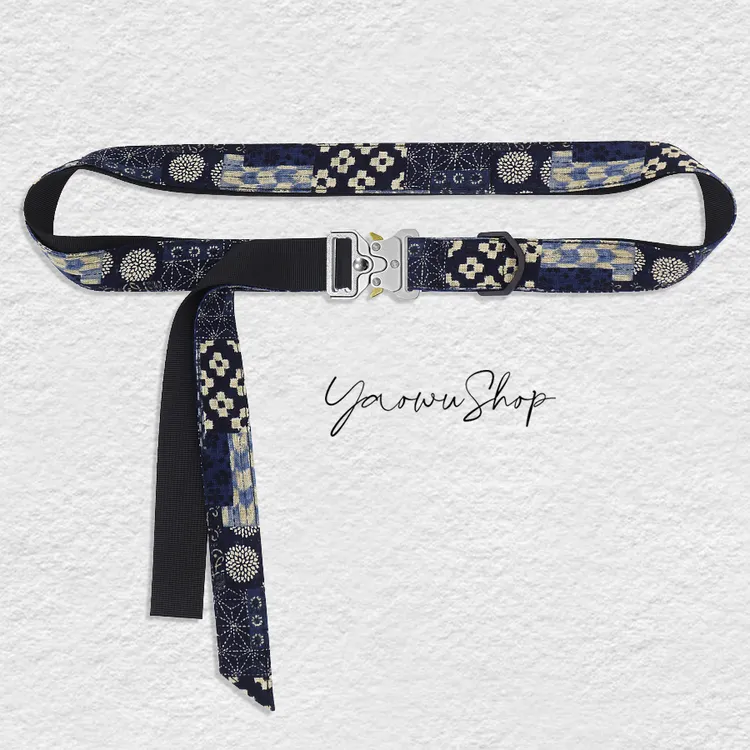 boro风古布印花裤腰带男女潮流年轻人设计感小众复古皮带加长飘带