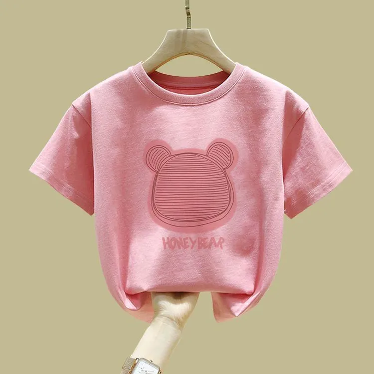 100%纯棉女童短袖新款夏季粉色童装纯棉半袖体恤衣服