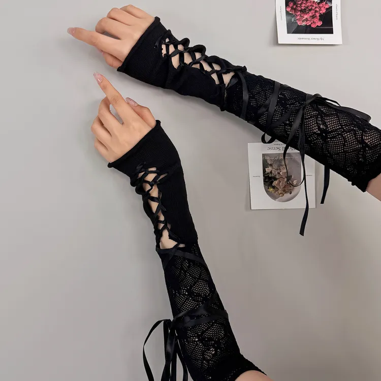 Y2K亚文化芭蕾舞风绑带蕾丝拼接长筒遮瑕防晒手袖少女甜酷风手套