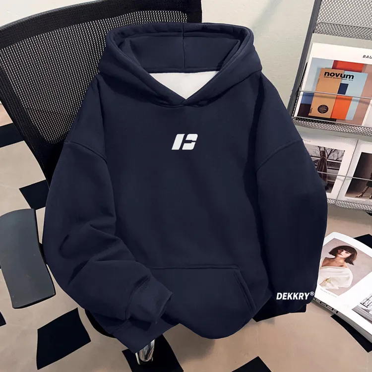 Dekkry潮牌时尚字母印花秋冬藏青色连帽卫衣加绒男女百搭套头上衣