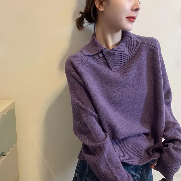 2025冬季新款爆款翻领一粒扣设计套头纯色针织衫女打底衫内搭毛衣