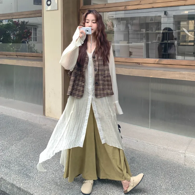 法式减龄波西米亚风时尚套装女2025秋季新款格纹百搭设计感三件套