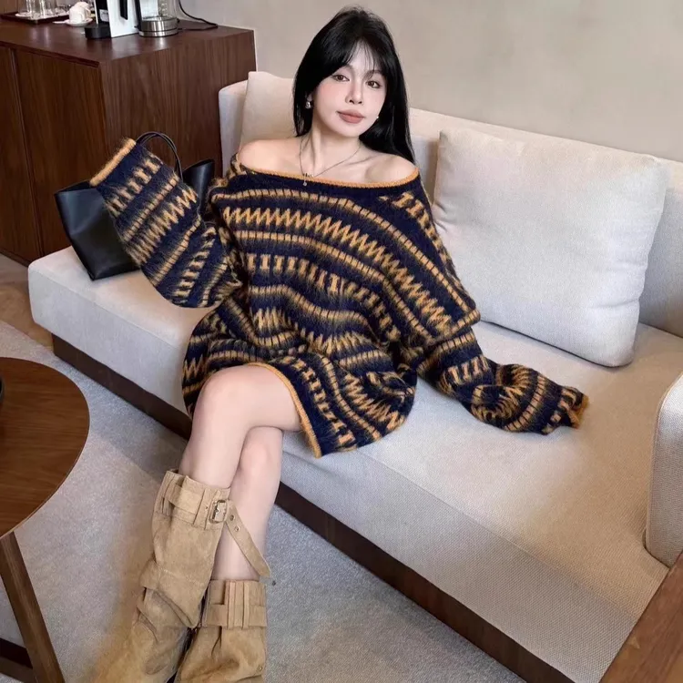 复古时髦慵懒风显瘦百搭中长新款大毛衣女秋冬加厚拉毛针织衫上衣