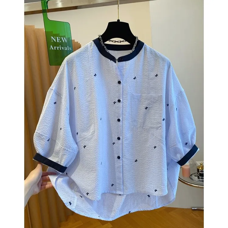 6963欧货高级肌理感蓝色衬衫女短袖新款宽松休闲圆领五分袖上衣夏