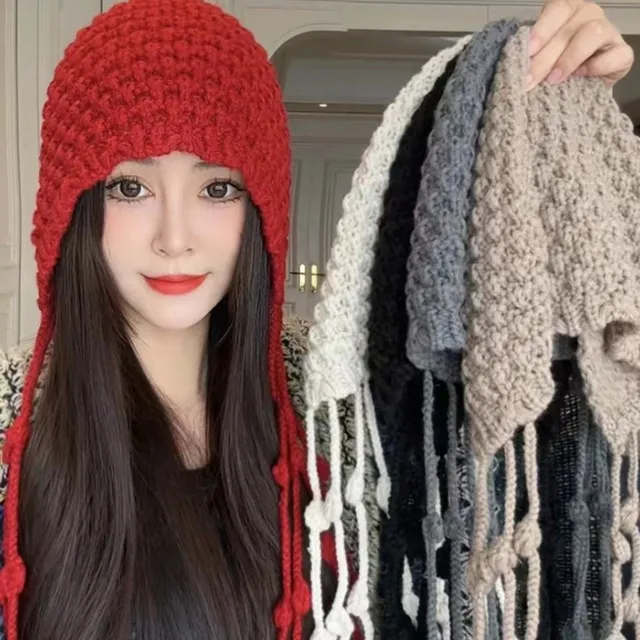 流苏红色针织帽子女款2025新款护耳毛线帽女显脸小手工编织包头帽