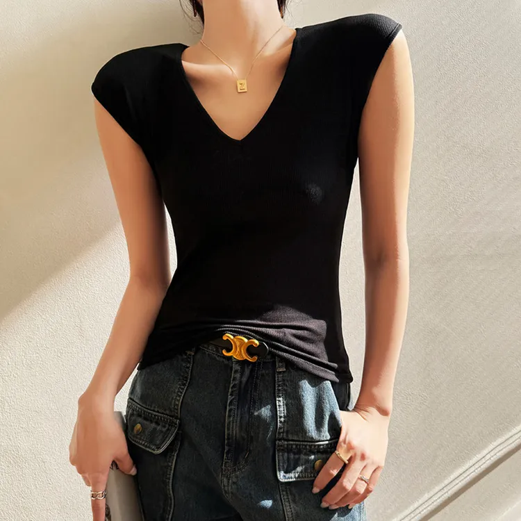 韩系V领螺纹连袖正肩t恤女短袖内搭上衣服设计感包副乳修身打底衫