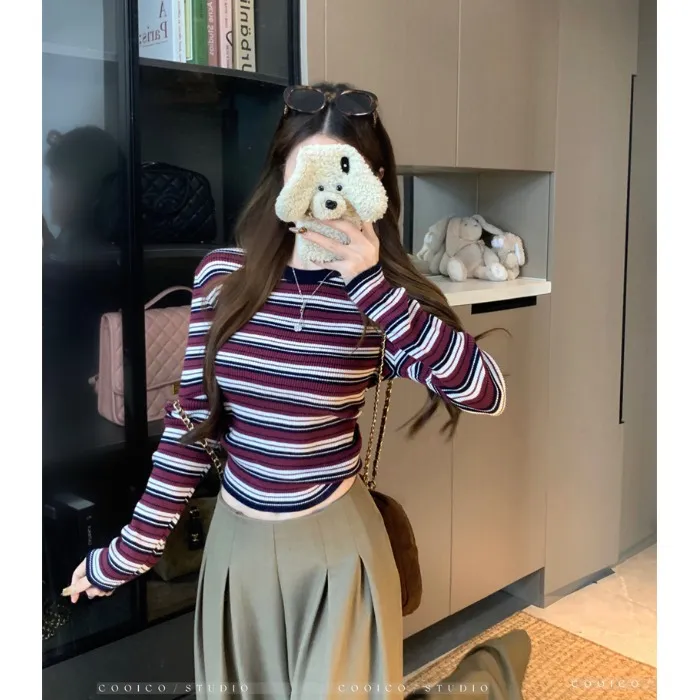 圆领撞色条纹长袖针织衫女秋季修身韩系chic紧身显瘦短款打底上衣