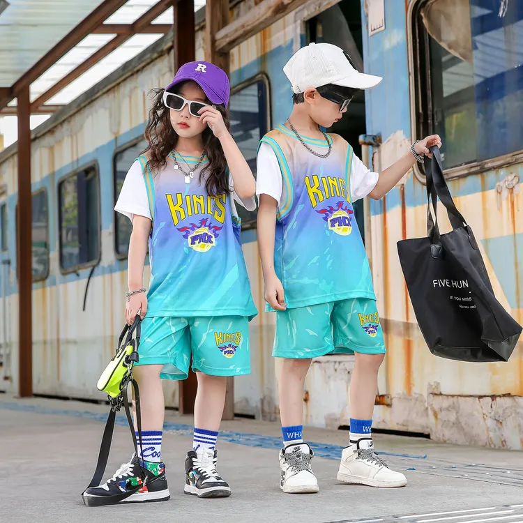 新款夏季速干短袖假两件篮球服套装男女童适用小学生男童026