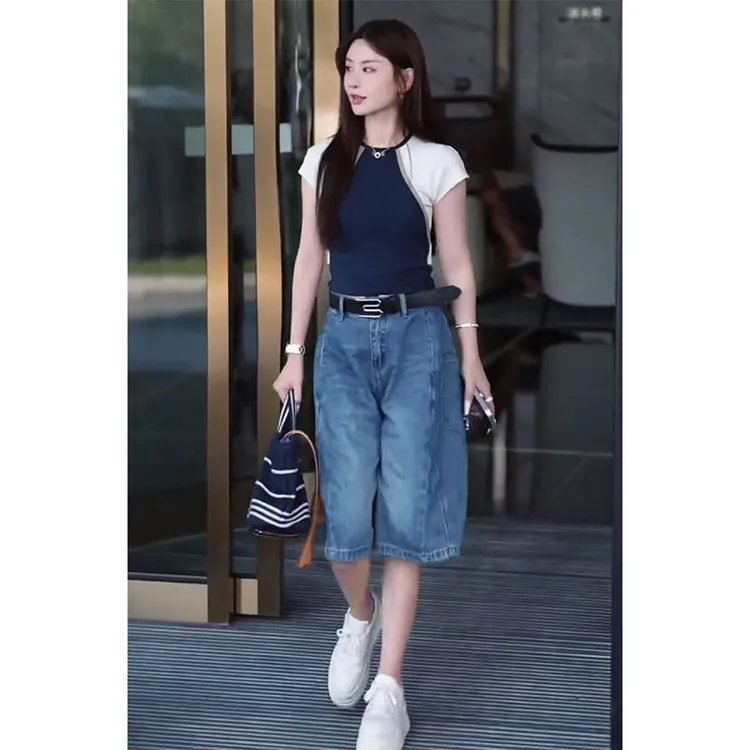 潮流撞色拼接正肩短袖T恤高腰宽松直筒牛仔裤子2025夏季两件套装