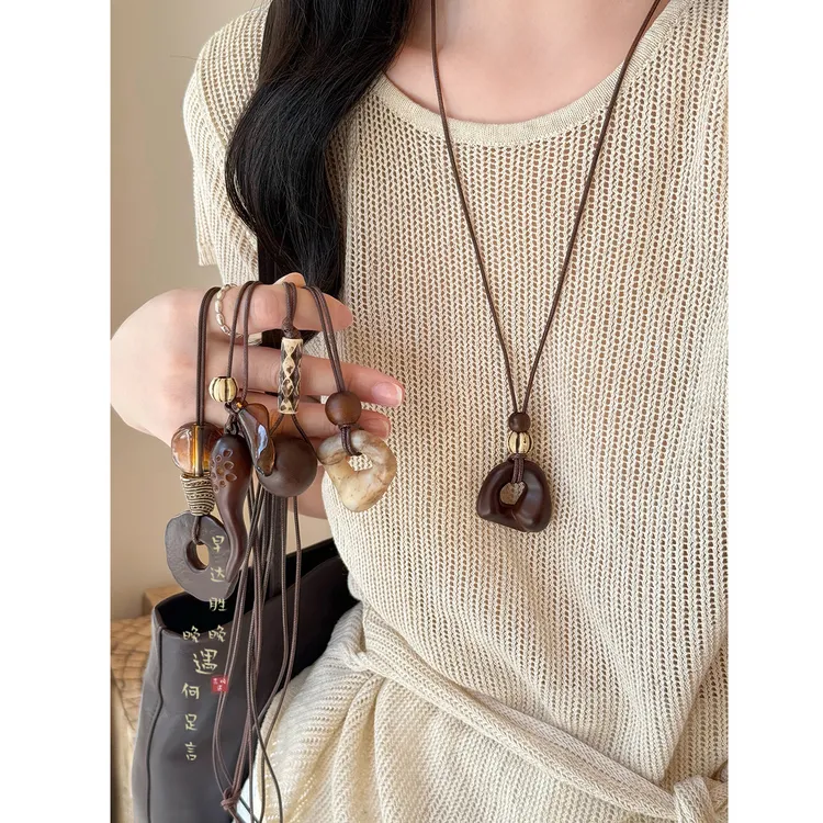 非金属布艺项链 不规则长款吊坠项链女秋冬美拉德复古毛衣链配饰