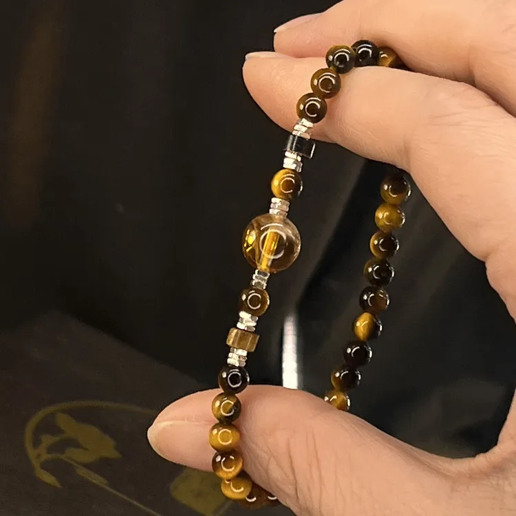 湟潮汇925银虎眼石手链黄水晶手串圆珠女男细款气质单圈百搭情侣