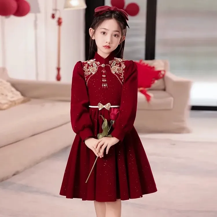 拉夏贝尔严选红色拜年服女童中国风连衣裙秋冬季中大童新年衣服小