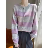 欧货轻奢撞色条纹圆领针织开衫女秋冬新款休闲减龄软糯毛衣外套潮