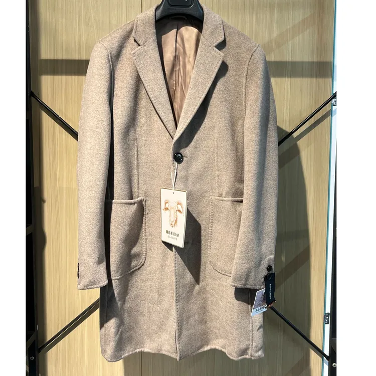 绵羊毛75%山羊绒6%修身型冬季西装领中长款毛呢大衣毛呢