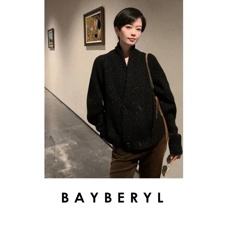 BAYBERYL老贝夜幕流星*黑色牦牛亮丝双排扣针织衫ZZS5H1505-9/28