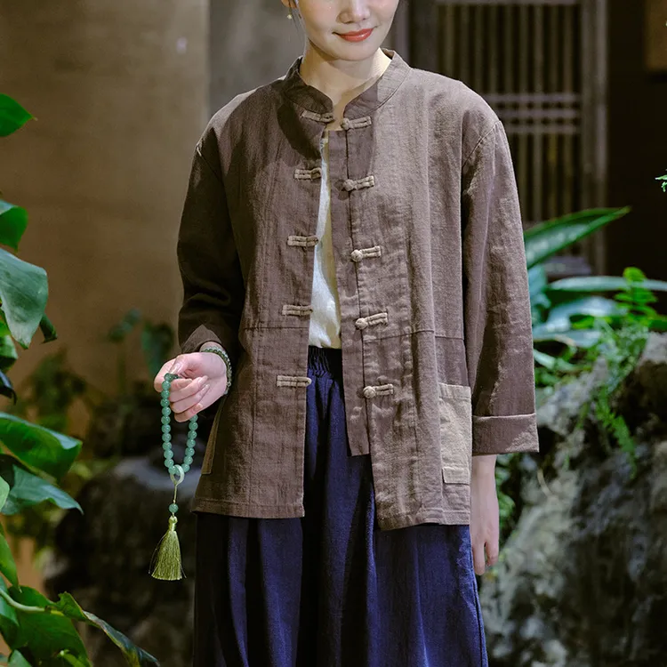2025棉麻女装立领中式复古拼色盘扣棉麻上衣女士砂洗亚麻开衫外套