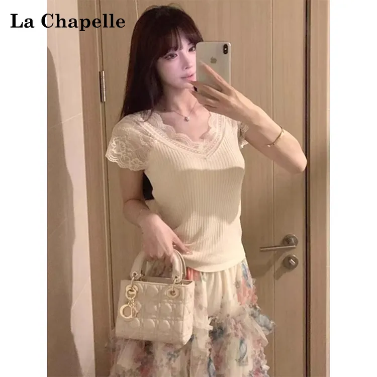 拉夏贝尔蕾丝v领修身辣妹针织短袖t恤女2025新款夏季小飞袖上衣女
