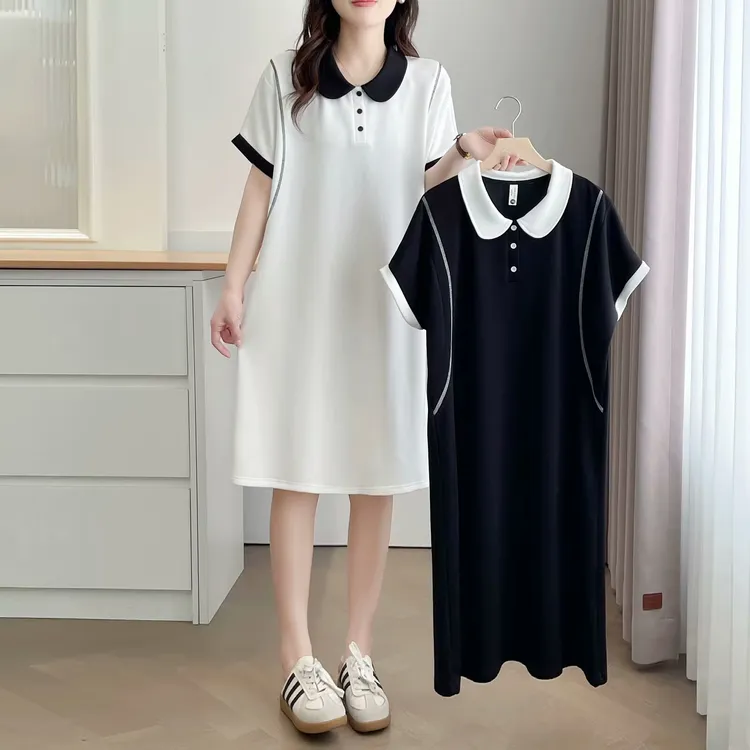 200斤大码女装夏季新款宽松减龄韩版INS翻领海军风显瘦连衣裙子潮