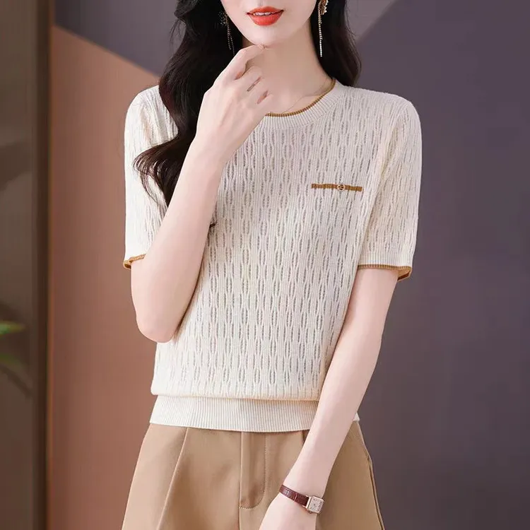 冰丝针织衫女t恤2025夏季新款中年妈妈洋气宽松百搭显瘦减龄上衣