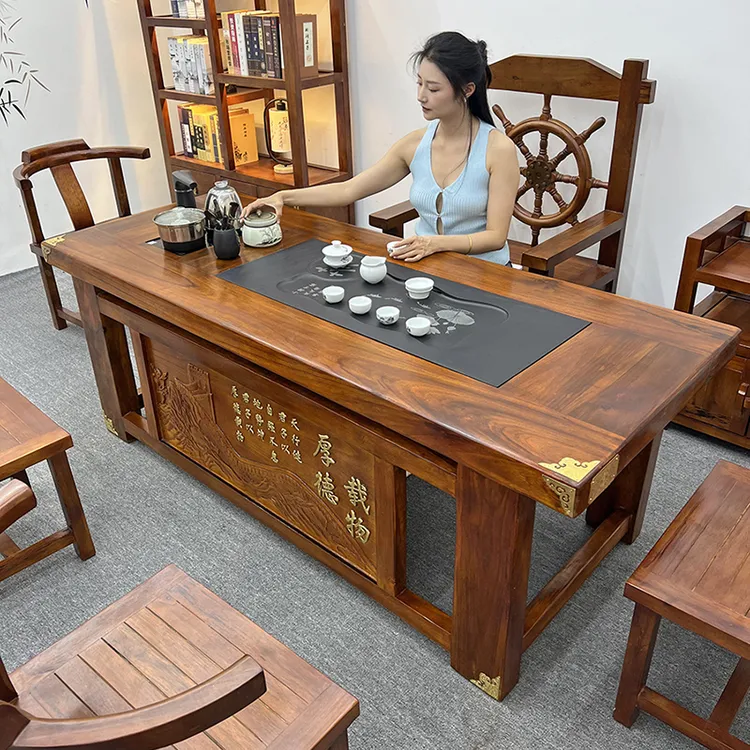 老船木茶桌椅组合实木茶台办公室茶几桌轻奢浮雕家用整装简约中式