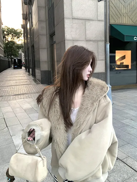 {两面穿}冬季男女连帽秋冬长袖保暖短外套皮草加厚毛毛棉服上衣