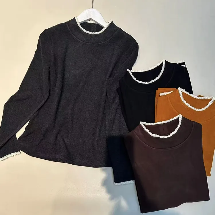 《姚家优麦汇》Y7236冬款双面绒圆领设计感时尚长袖显瘦上衣女