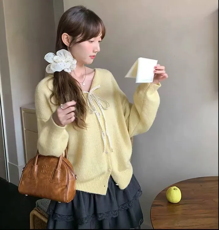 蕾丝系带领毛衣开衫外套女2025秋季新款软糯温柔气质休闲针织上衣