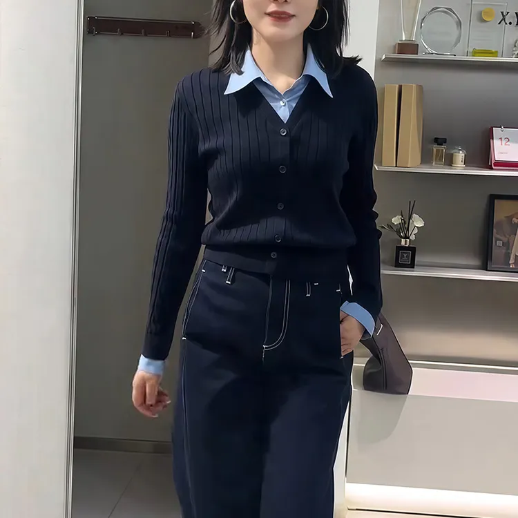 欧货时尚洋气假两件针织开衫女秋冬新款修身显瘦藏蓝色长袖上衣潮