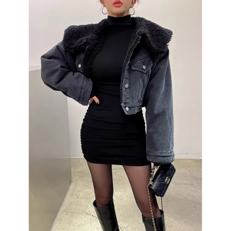 韩国chic复古羊羔毛夹棉加厚保暖牛仔短外套毛领百搭短款冬季女